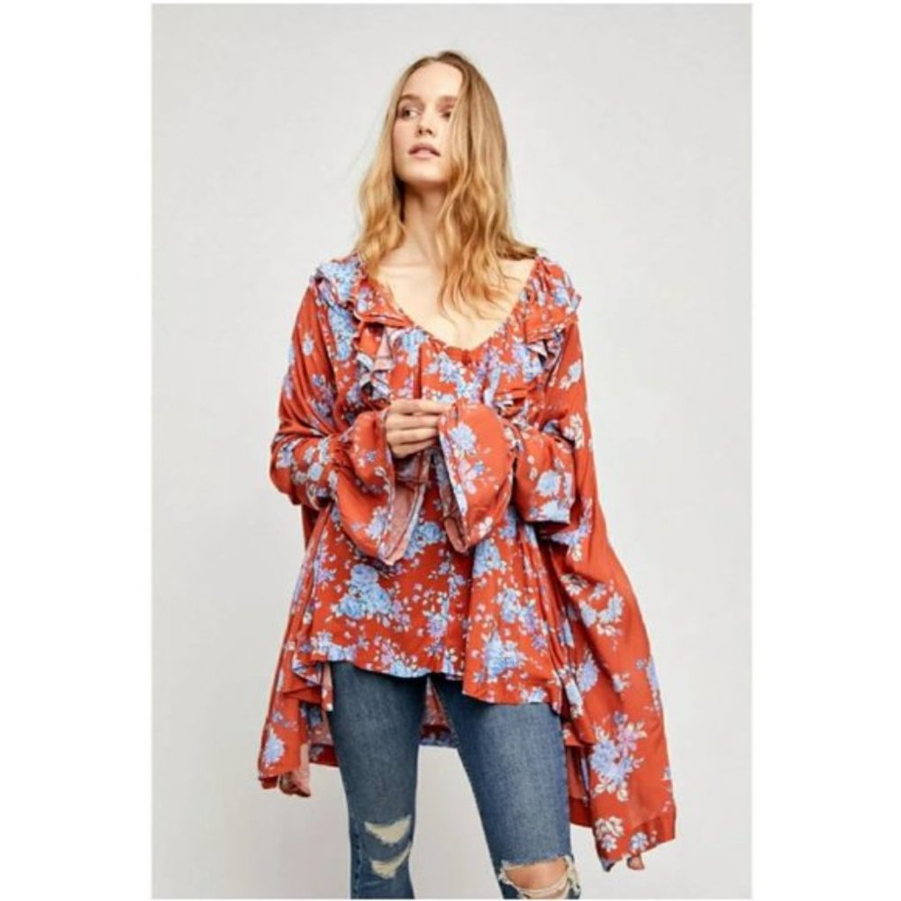 Free People Orange Ruffle Floral Button Loretta Tunic Top New M